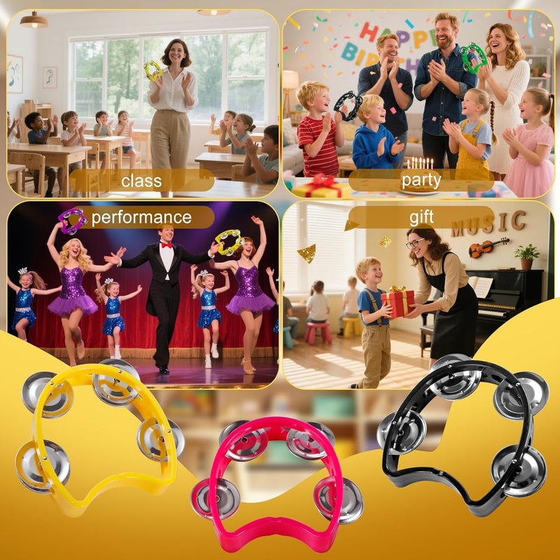 TENINYU Pack of 3 Half Moon Musical Tambourine, Double Row Metal 4 Jingle Bells Mini Hand Held Percussion Drum with Ergonomic Handle Grip (Black & Pink & Yellow) - Image 3